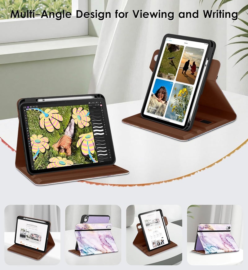 DTTO for iPad A16 Case, iPad 11th / 10th Generation Case (2025/2022), 360 Degree Rotating Premium Leather Folio Stand Cover with Pencil Holder, Marble Pink - Image 2